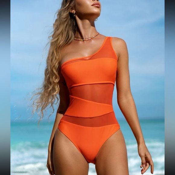 Luxe mesh insert color block one shoulder swimsuit - Picture 12 of 15